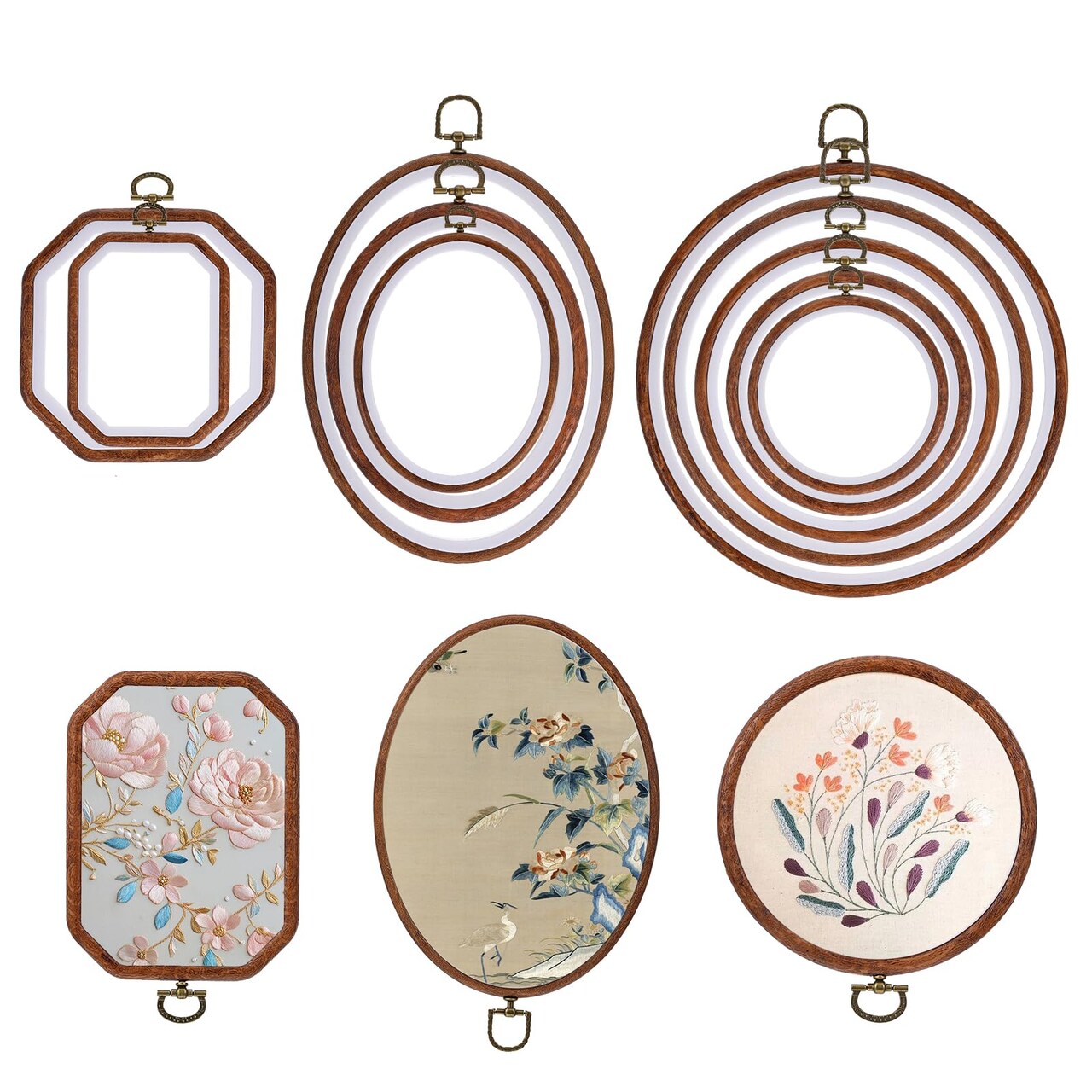 10 Pcs Large Embroidery Hoop Frame, Decorative Imitated Wood Embroidery Hoops, Circle Oval Octagonal Cross Stitch Hoop, Display Frame for Art Craft DIY Sewing Hanging Ornaments Decor